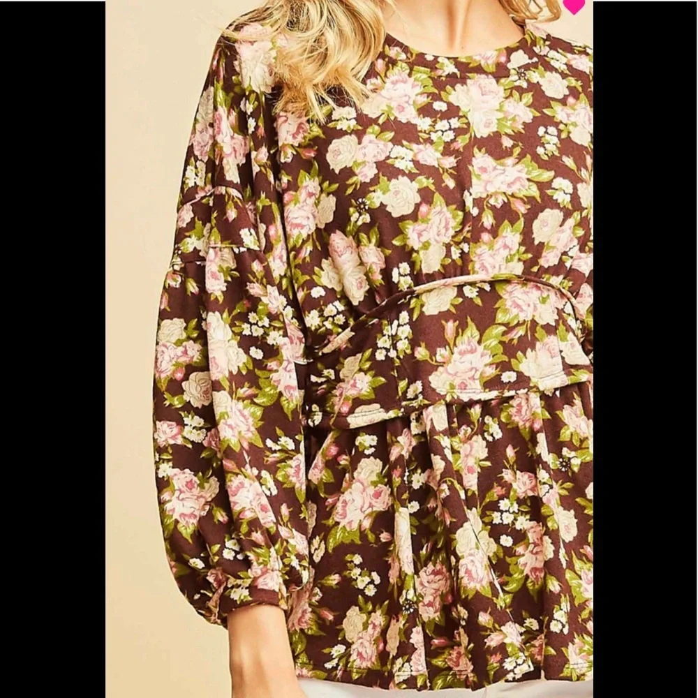 brown floral long sleeve top - Picture 6 of 7